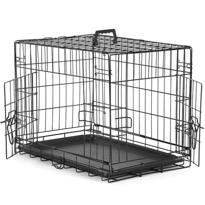 Double Door Folding Metal Dog Cage with Plastic Leak-Proof Pan
