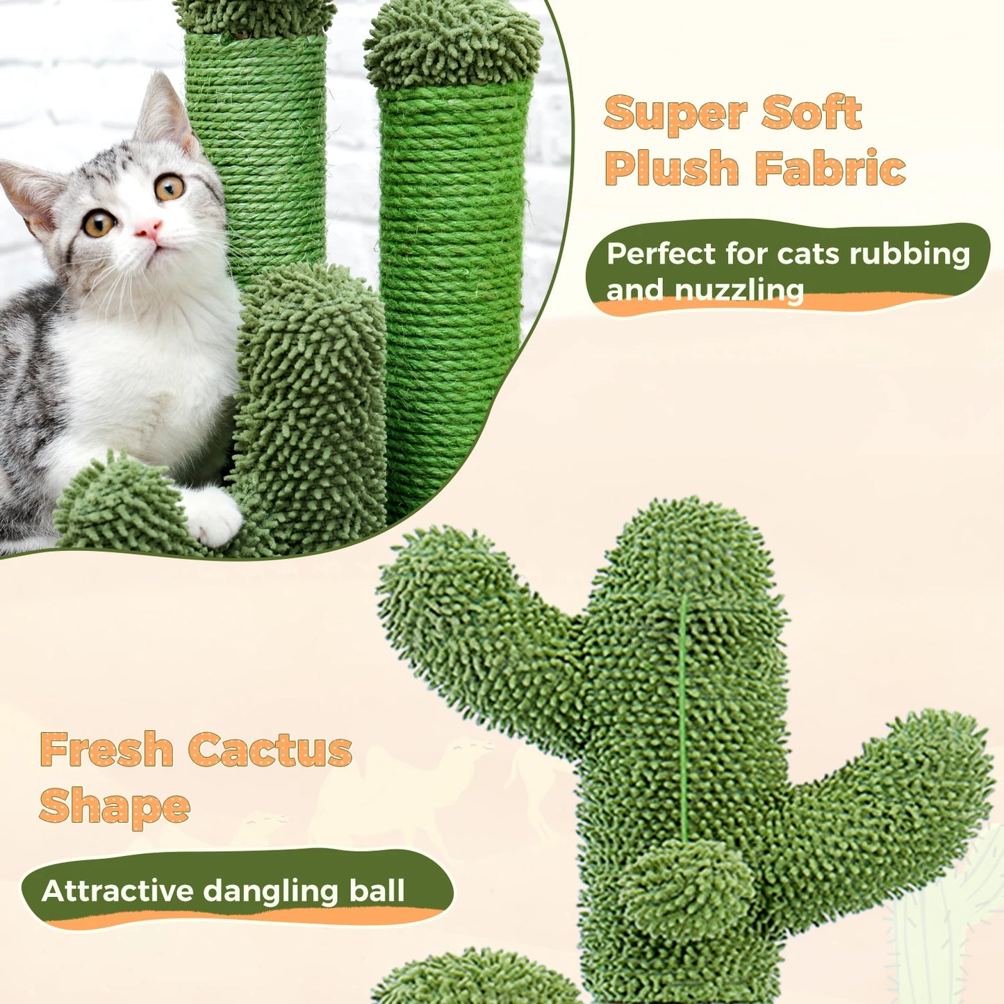 Cactus Cat Scratcher Post  Featuring 3 Scratching Poles and Interactive Dangling Ball