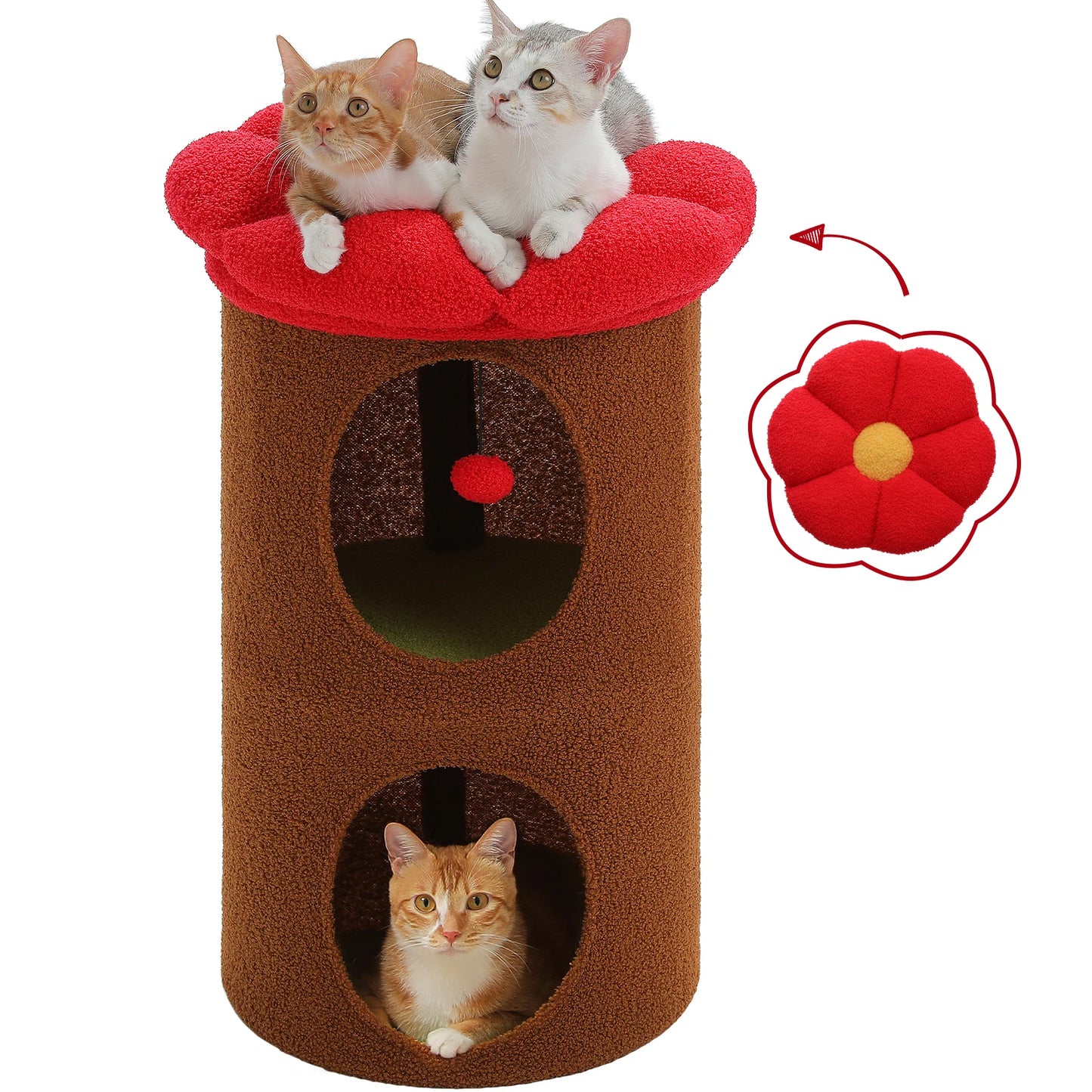 Double-Deck Cat House with Cozy Large Condo, Spacious Cat Bed with Luxury Flower Perch, Pompom Ball