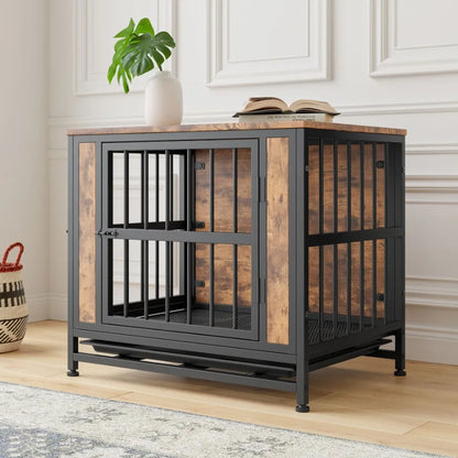 Wooden Dog Crate Table with 2 Sliding Doors and Thick Iron Door. Decorative Table With Modern Design.