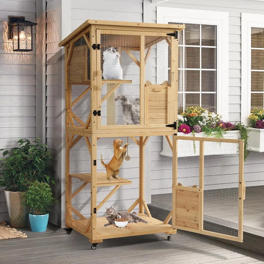 4-Tier Large Wooden Window Outdoor Cat Enclosure with Scratcher With Asphalt Waterproof Roof, Wheels