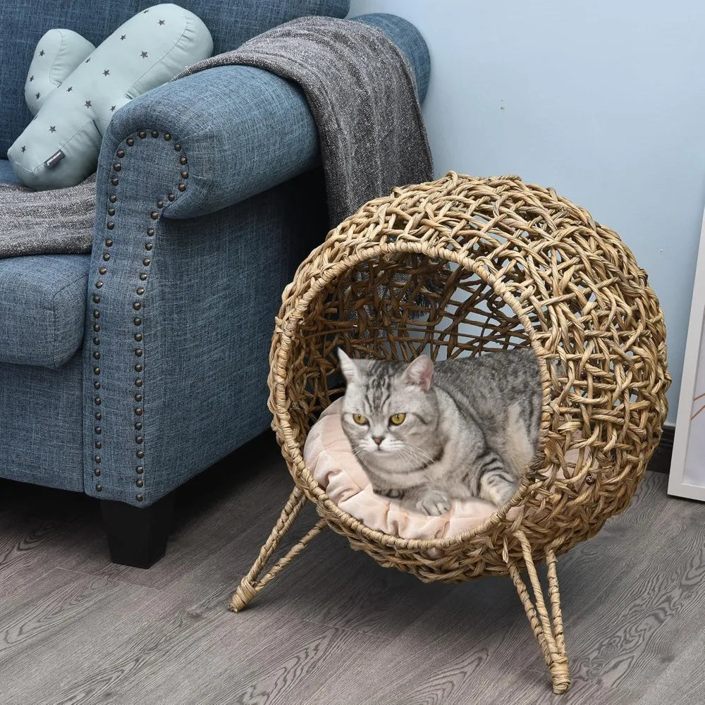 Elevated Weaved Cat Bed, Hand-Woven Braided With Cushion