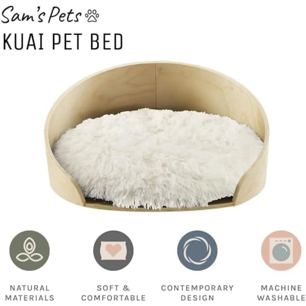 Sam's Pets Kuai Small Pet Bed in Light Brown- Bent Wood - Modern Design - Curved Shape - Soft Fur for Comfort - Easy Cleaning -