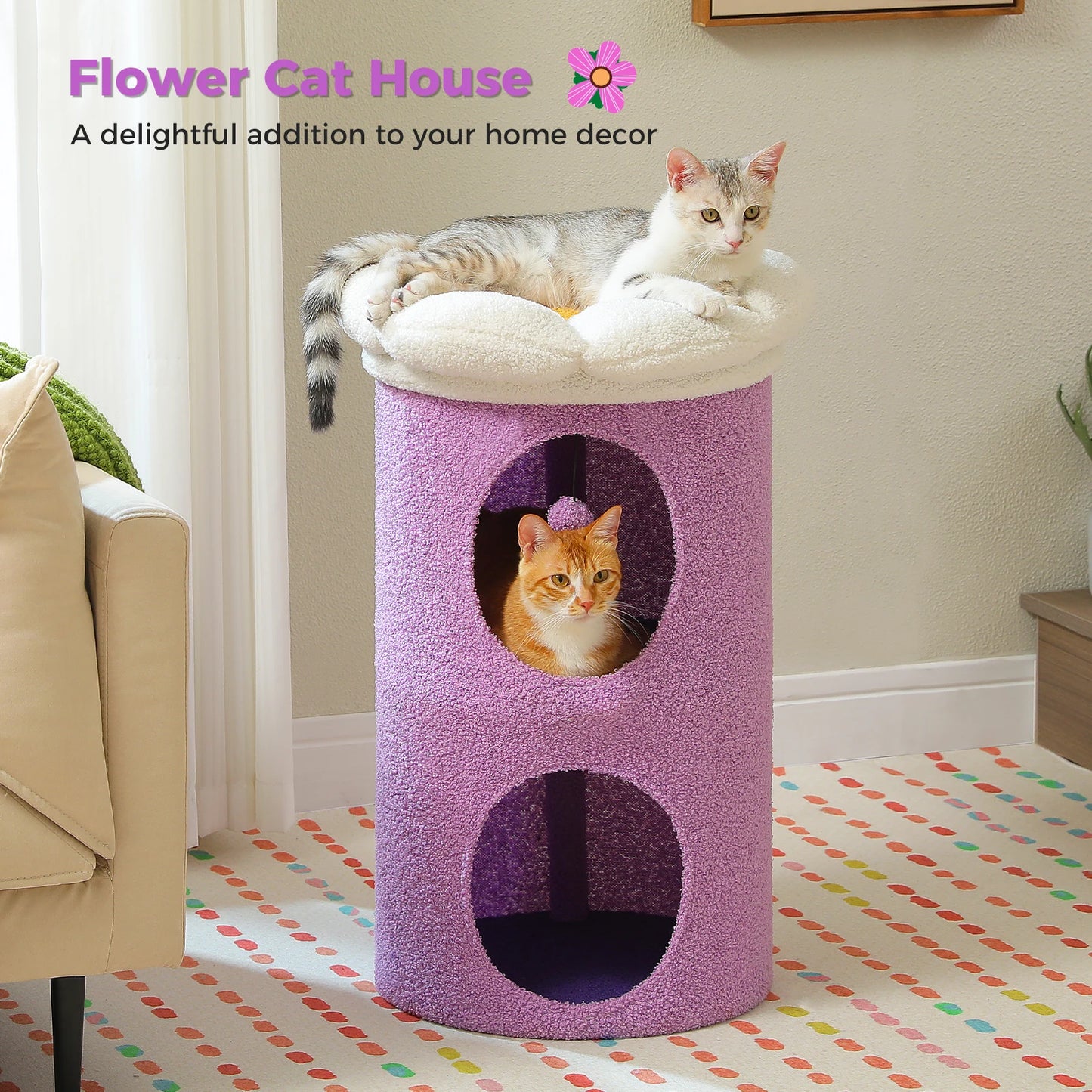 Double-Deck Cat House with Cozy Large Condo, Spacious Cat Bed with Luxury Flower Perch, Pompom Ball