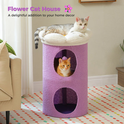 Double-Deck Cat House with Cozy Large Condo, Spacious Cat Bed with Luxury Flower Perch, Pompom Ball