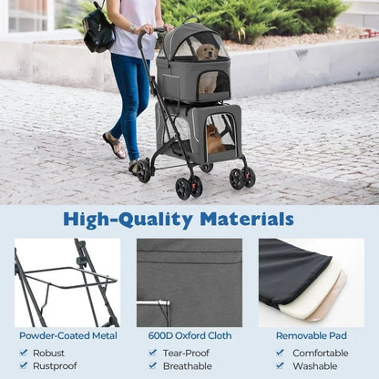Double Dog Stroller, Removable Carrycot, Safety Belt, 4 Lockable Wheels