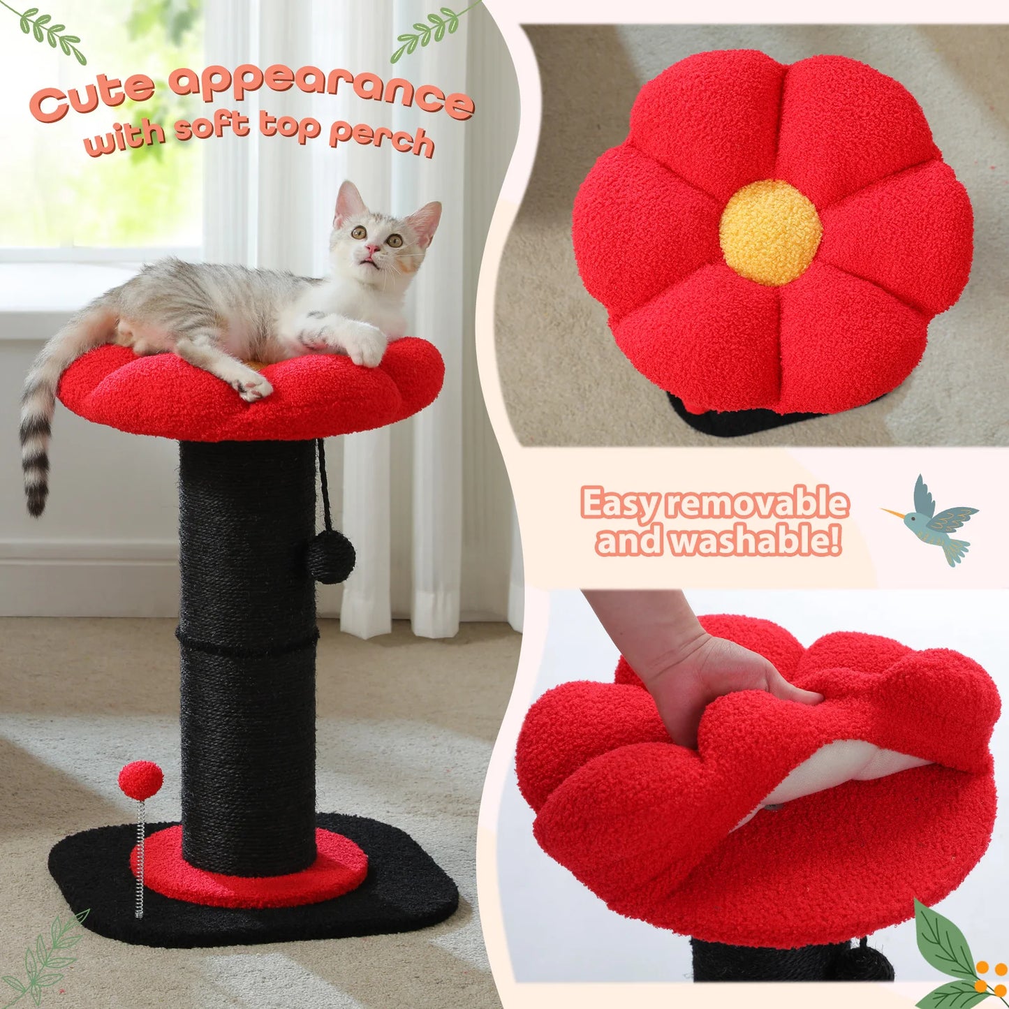 Flower Cat Scratching Post with Removable Flower Cat Bed, Spring Ball