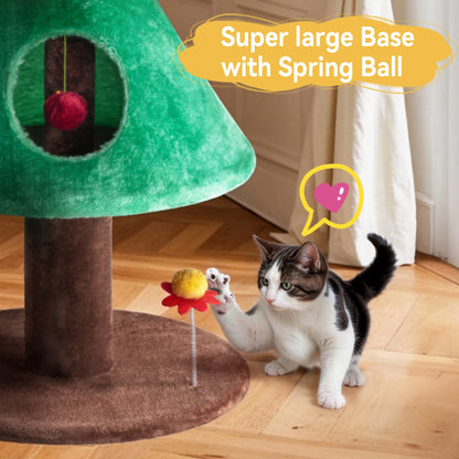 63 Inches Cat Christmas Tree/Cat Tower/ with Plush Ball/Cat Toys/Cozy Cat Condo for Indoor Cats/Wide Base/Green