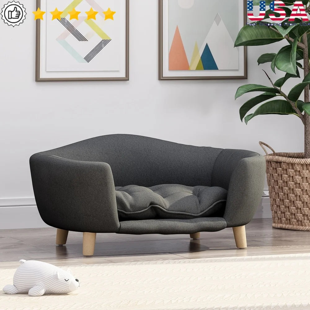 Mid Century Modern Plush Small Pet Bed With Birch Wood Legs Cozy Tufted Cushion Durable Stylish Design