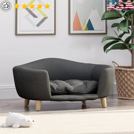 Mid Century Modern Plush Small Pet Bed With Birch Wood Legs Cozy Tufted Cushion Durable Stylish Design