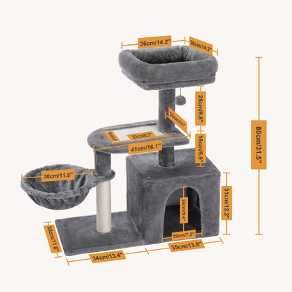 Plush Cat Tower with Large Cat Condo, Deep Hammock and Sisal Cat Scratching Post for Kittens or Small Cat