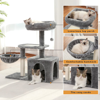 Plush Cat Tower with Large Cat Condo, Deep Hammock and Sisal Cat Scratching Post for Kittens or Small Cat