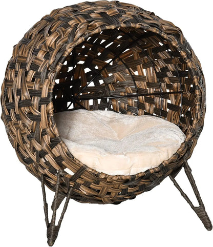 Elevated Weaved Cat Bed, Hand-Woven Braided With Cushion