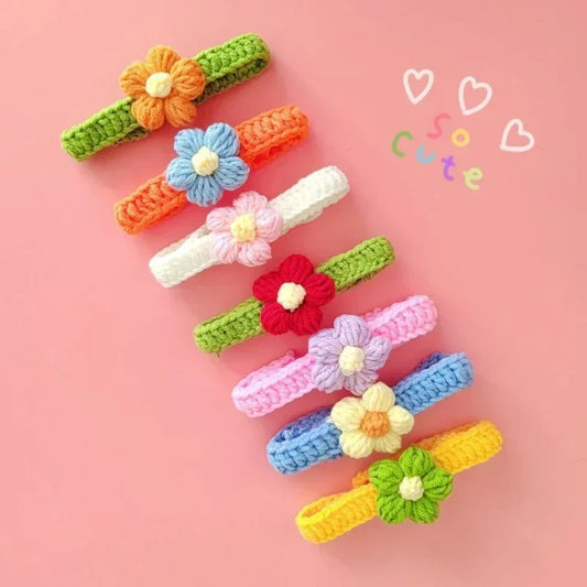 Kawaii Crochet Pet Collar, Adjustable Wool Necklace Flowers