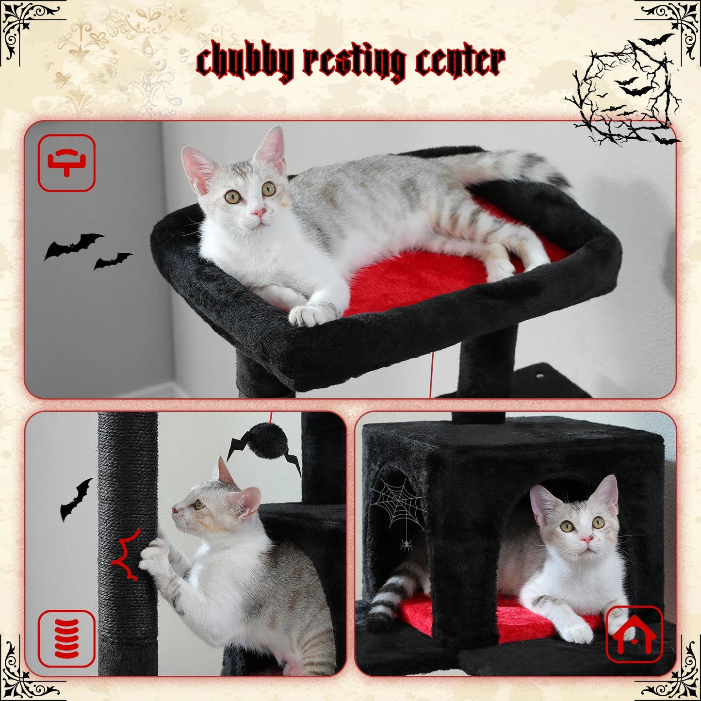 4-Tier Gothic Cat Tower with Sturdy Metal Frame, Hammock, Condo, Perch, and 4 Sisal Posts in Black