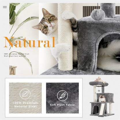 Wooden Cat Tower with Double Condos Spacious Perch Fully Wrapped Scratching Sisal Posts and Replaceable Dangling Balls