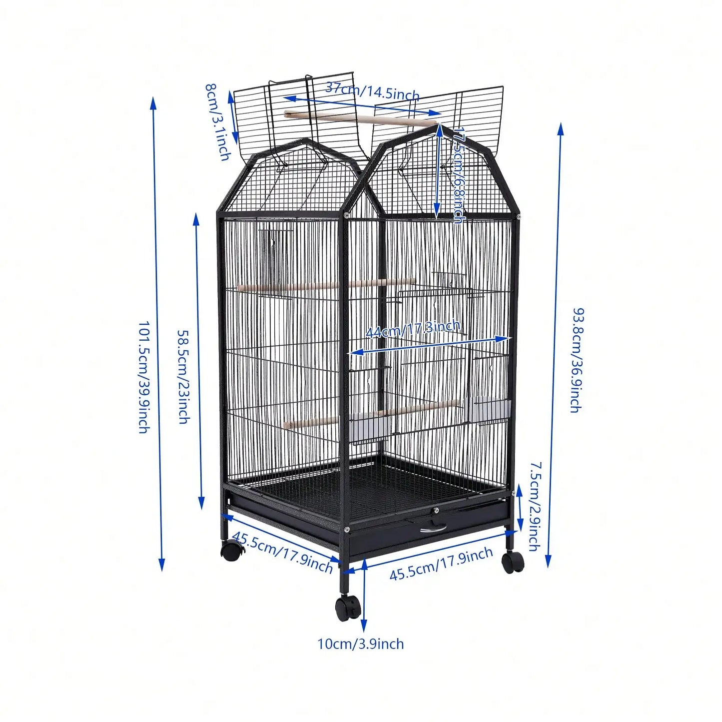 Parakeet 36.9 Inch Wrought Iron Cage Pet Flight Cages With 4 Universal Wheels 3 Standing Poles Rolg Stand Bird Playground