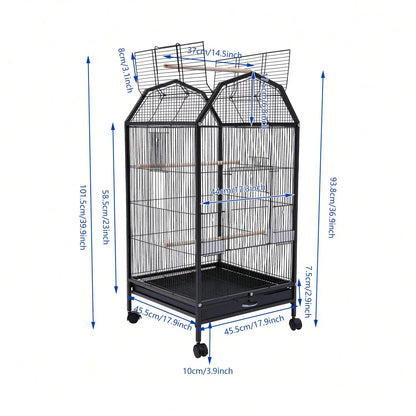 Parakeet 36.9 Inch Wrought Iron Cage Pet Flight Cages With 4 Universal Wheels 3 Standing Poles Rolg Stand Bird Playground