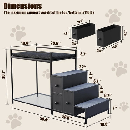Pet Bunk Bed with Stairs and Storage, Dogs/Cats Window Perch, Bedside Lounge Elevated Pet Bed Multi-Level Platform with Foam