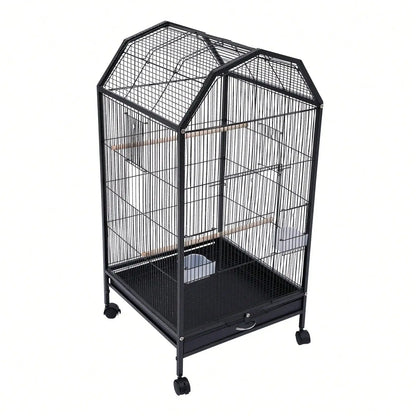 Parakeet 36.9 Inch Wrought Iron Cage Pet Flight Cages With 4 Universal Wheels 3 Standing Poles Rolg Stand Bird Playground
