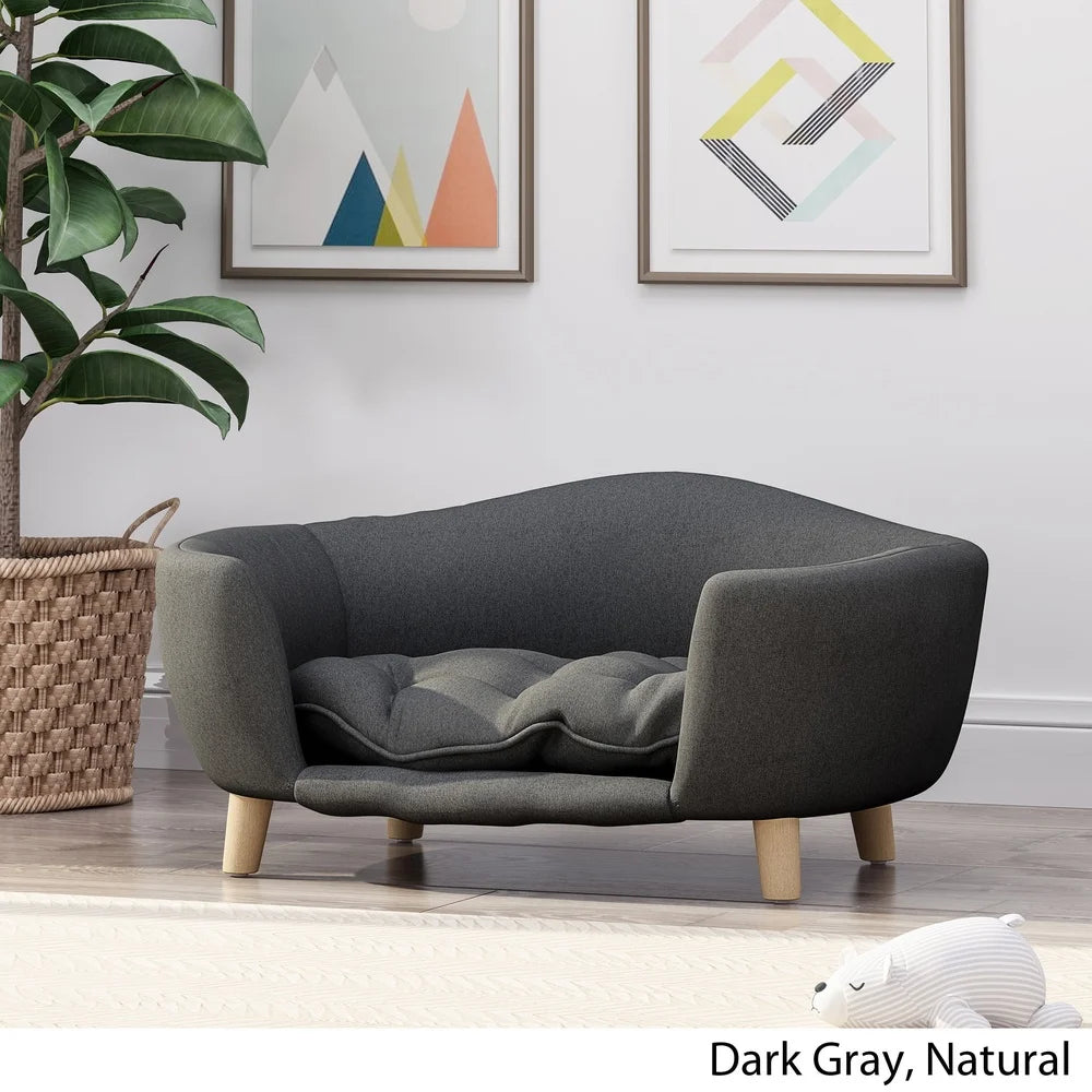 Mid Century Modern Plush Small Pet Bed With Birch Wood Legs Cozy Tufted Cushion Durable Stylish Design