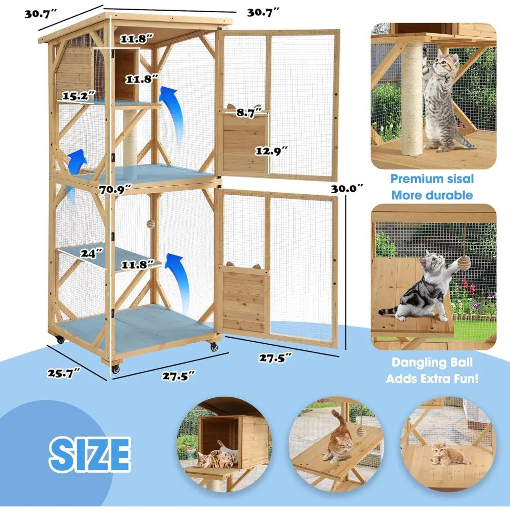 4-Tier Large Wooden Window Outdoor Cat Enclosure with Scratcher With Asphalt Waterproof Roof, Wheels