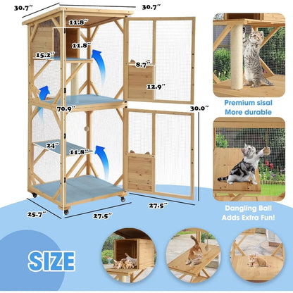 4-Tier Large Wooden Window Outdoor Cat Enclosure with Scratcher With Asphalt Waterproof Roof, Wheels