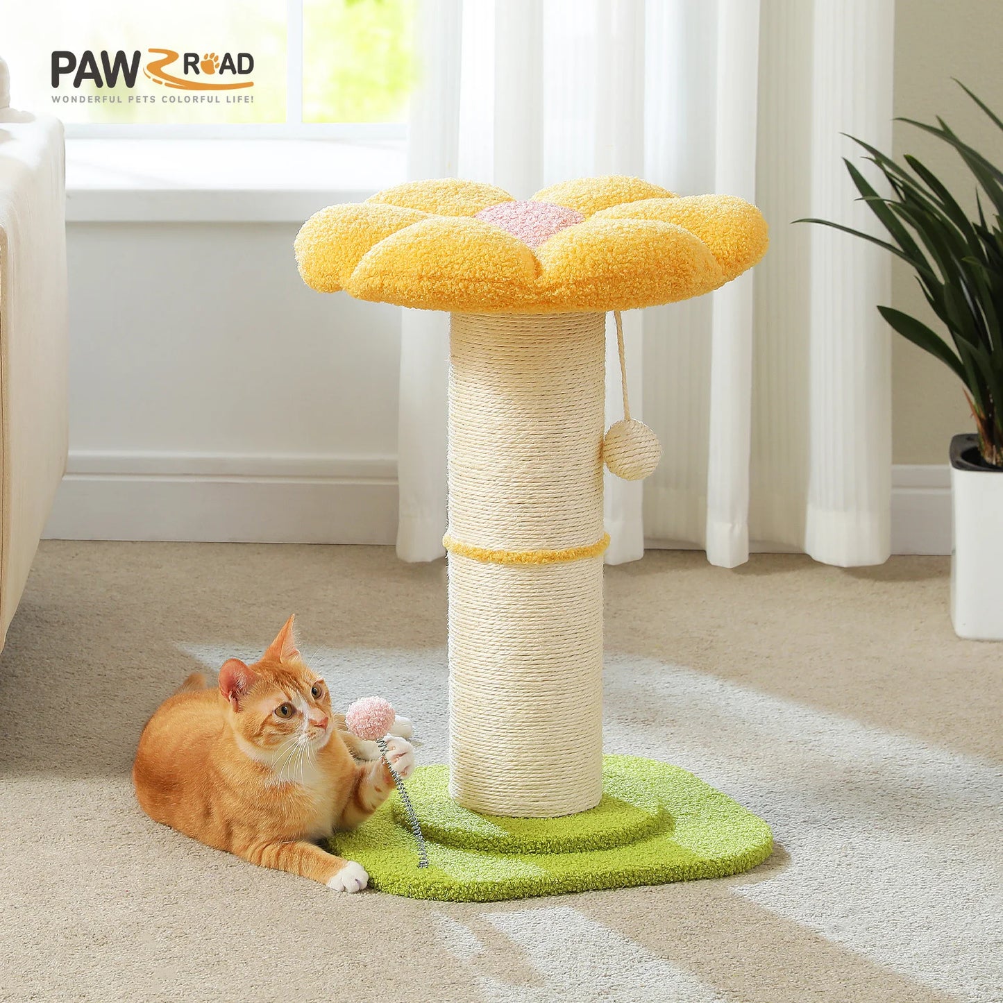 Flower Cat Scratching Post with Removable Flower Cat Bed, Spring Ball