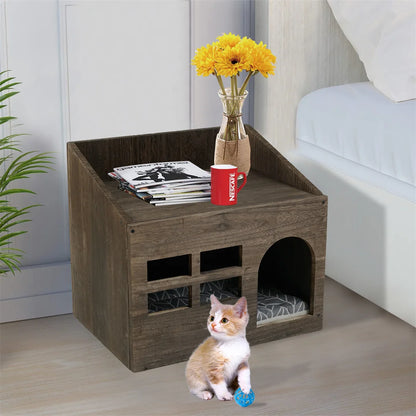 Wooden Cat Cave Bed Furniture With Cushion Pad