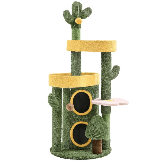 48.5″ H Oasis-themed Cat Tree Tower with 2 Condos & 3 Perches Green/Yellow