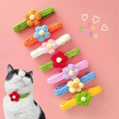 Kawaii Crochet Pet Collar, Adjustable Wool Necklace Flowers