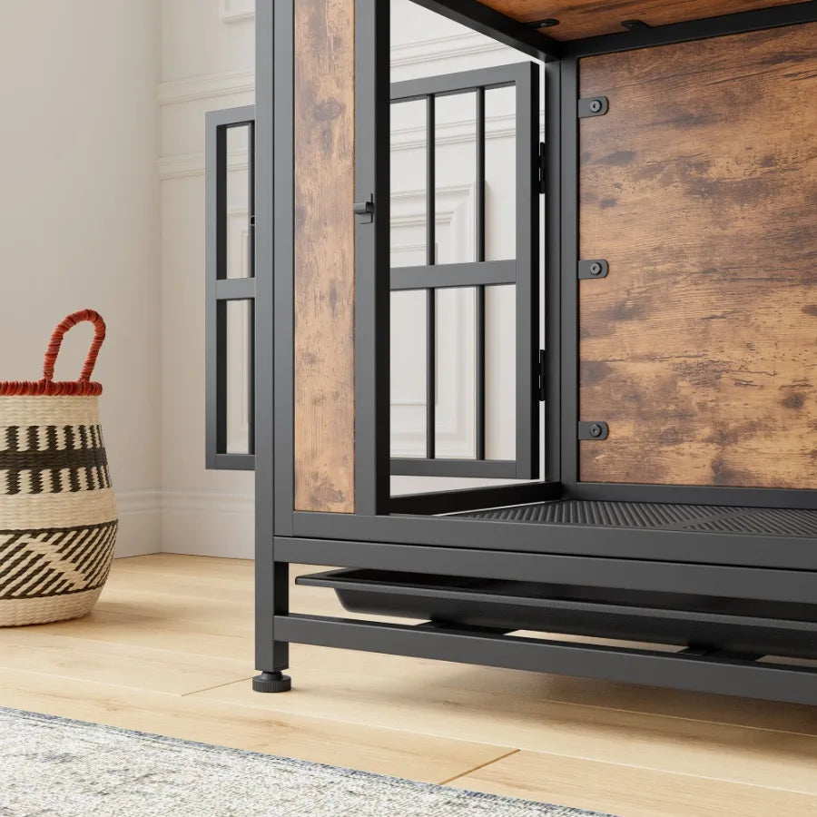 Wooden Dog Crate Table with 2 Sliding Doors and Thick Iron Door. Decorative Table With Modern Design.