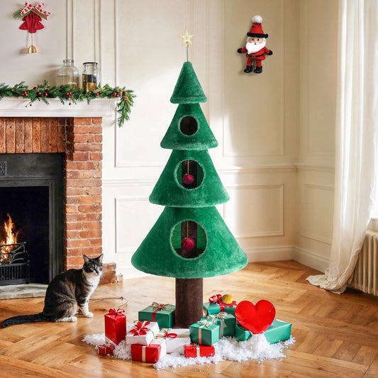 63 Inches Cat Christmas Tree/Cat Tower/ with Plush Ball/Cat Toys/Cozy Cat Condo for Indoor Cats/Wide Base/Green