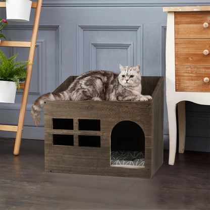 Wooden Cat Cave Bed Furniture With Cushion Pad