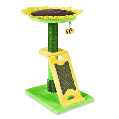 2-Level Cat Scratching Post with Sunflower Design Sisal Rope Bee Toy Sturdy Base Easy Assembly Promotes Healthy Claws Portable