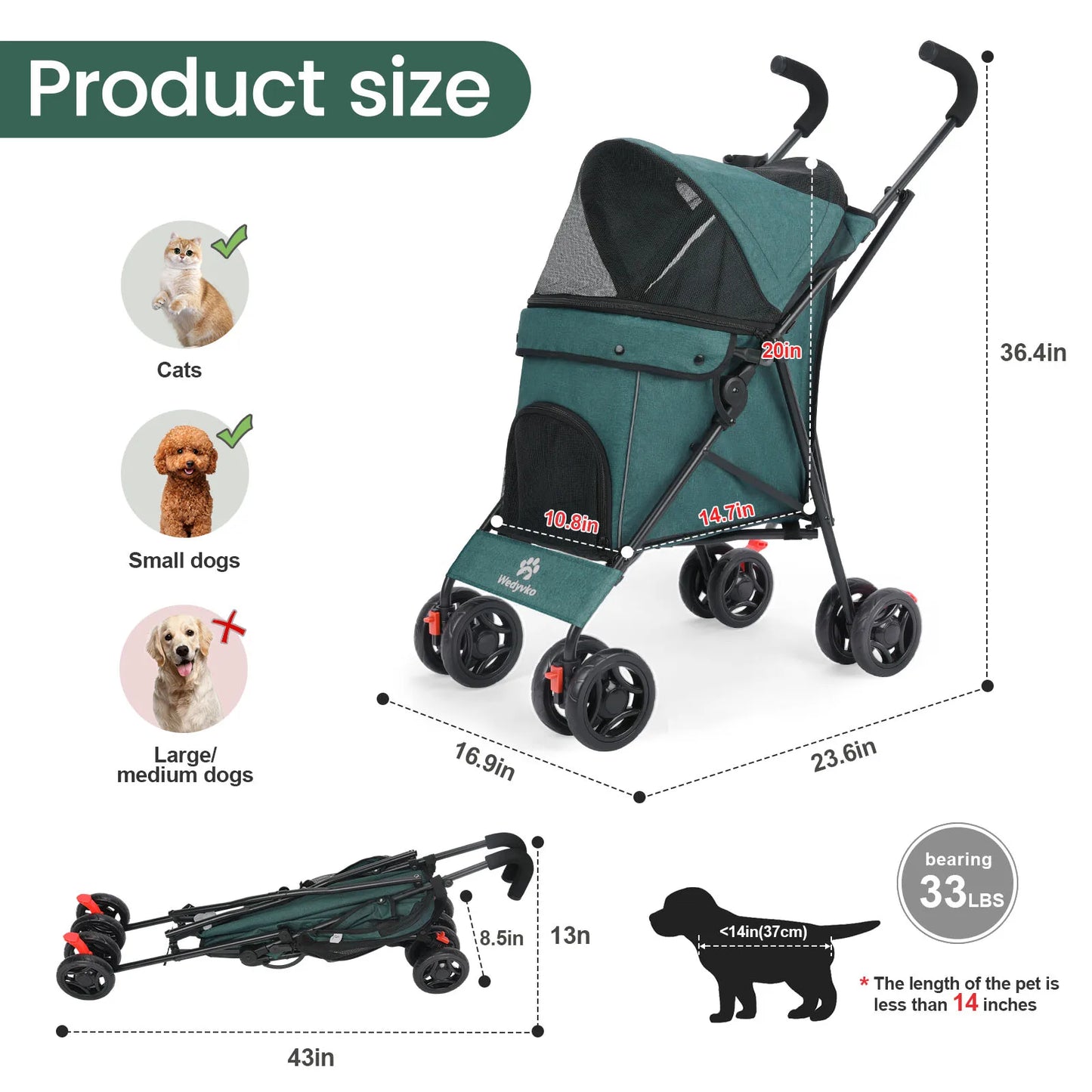 Outdoor Pet Stroller Cat Dog Travel Breathable Pet Stroller Lightweight Folding Universal Wheels Small Medium Pet Stroller