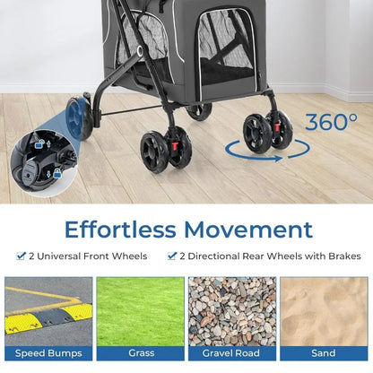 Double Dog Stroller, Removable Carrycot, Safety Belt, 4 Lockable Wheels