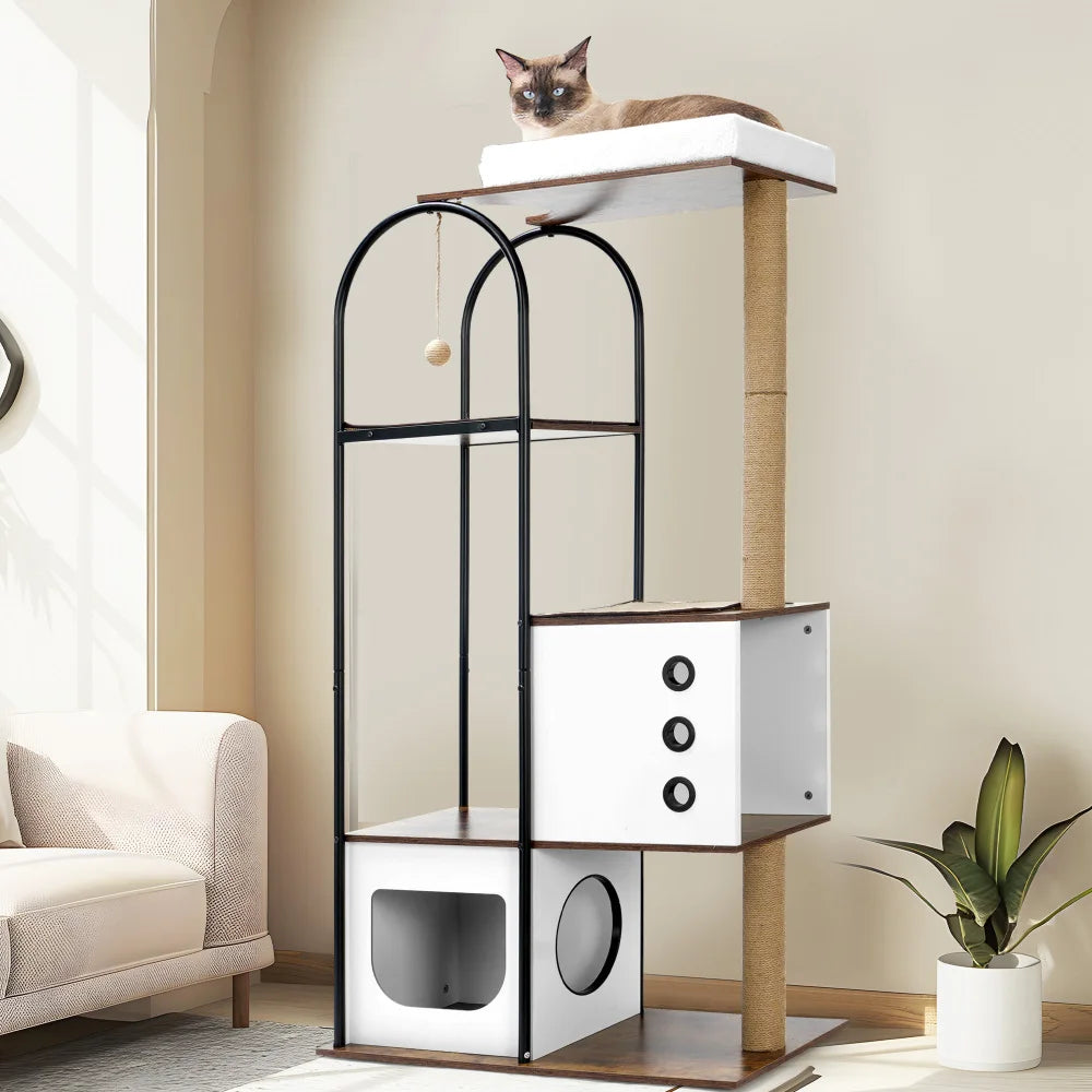 Modern Cat Tower, Multi-Level With Cave, 2 Scratching Posts,
