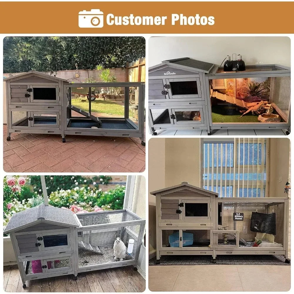 Indoor and Outdoor Rabbit Hutch with Casters Waterproof Roof, Pull Out Tray from Back and Front