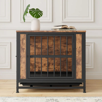 Wooden Dog Crate Table with 2 Sliding Doors and Thick Iron Door. Decorative Table With Modern Design.