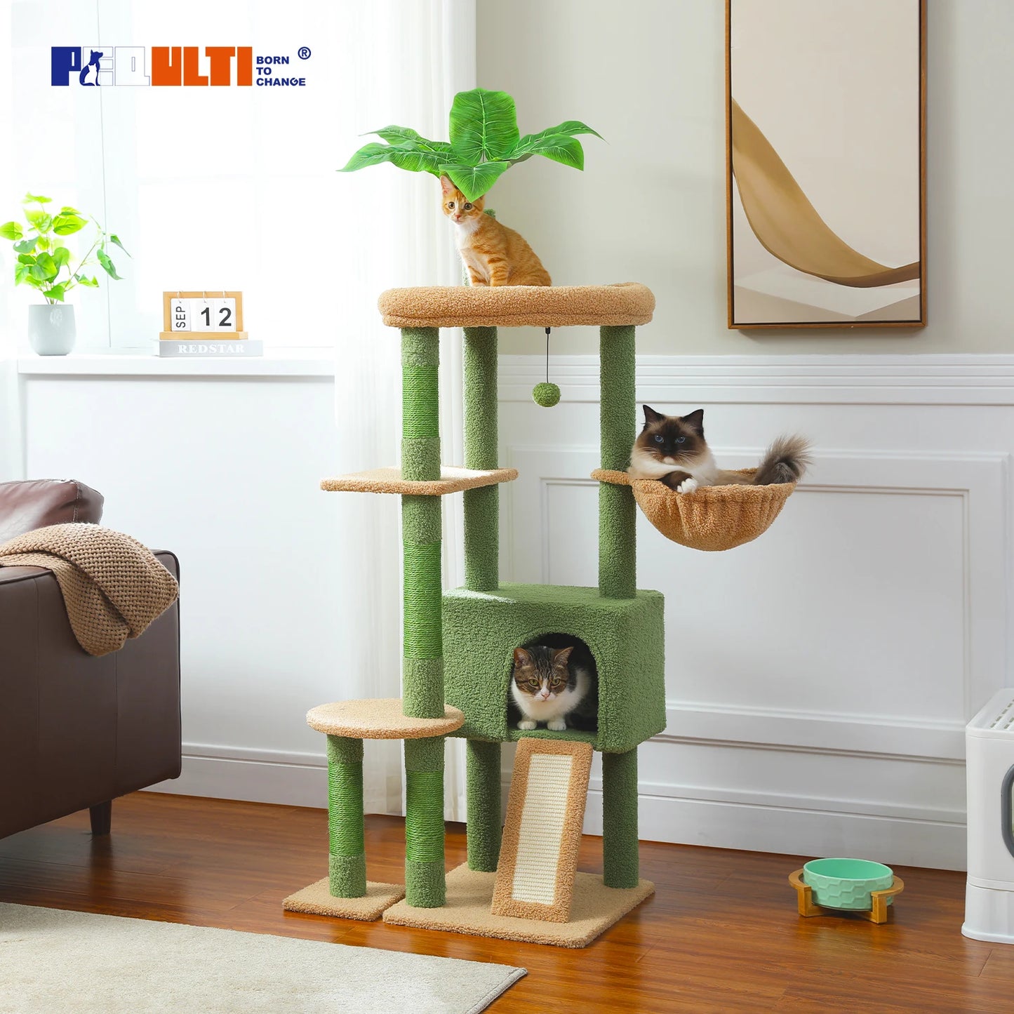 Multi-Level Cactus Cat Tower with Sisal Scratching Posts Large Condo, Deep Hammock