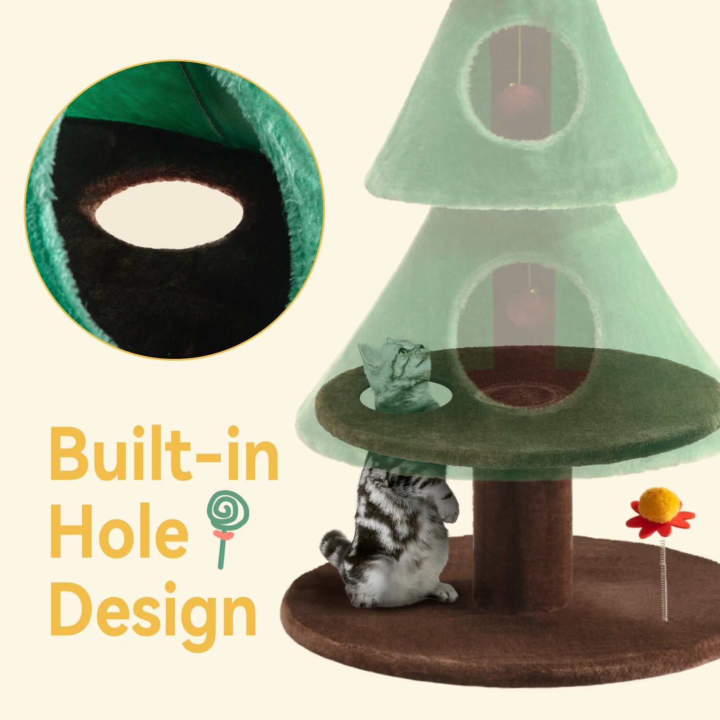 63 Inches Cat Christmas Tree/Cat Tower/ with Plush Ball/Cat Toys/Cozy Cat Condo for Indoor Cats/Wide Base/Green