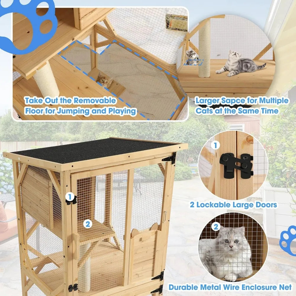 4-Tier Large Wooden Window Outdoor Cat Enclosure with Scratcher With Asphalt Waterproof Roof, Wheels