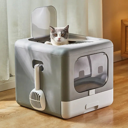Cat Litter Box with Scoop and Tray Enclosed Foldable Top or Front Entry