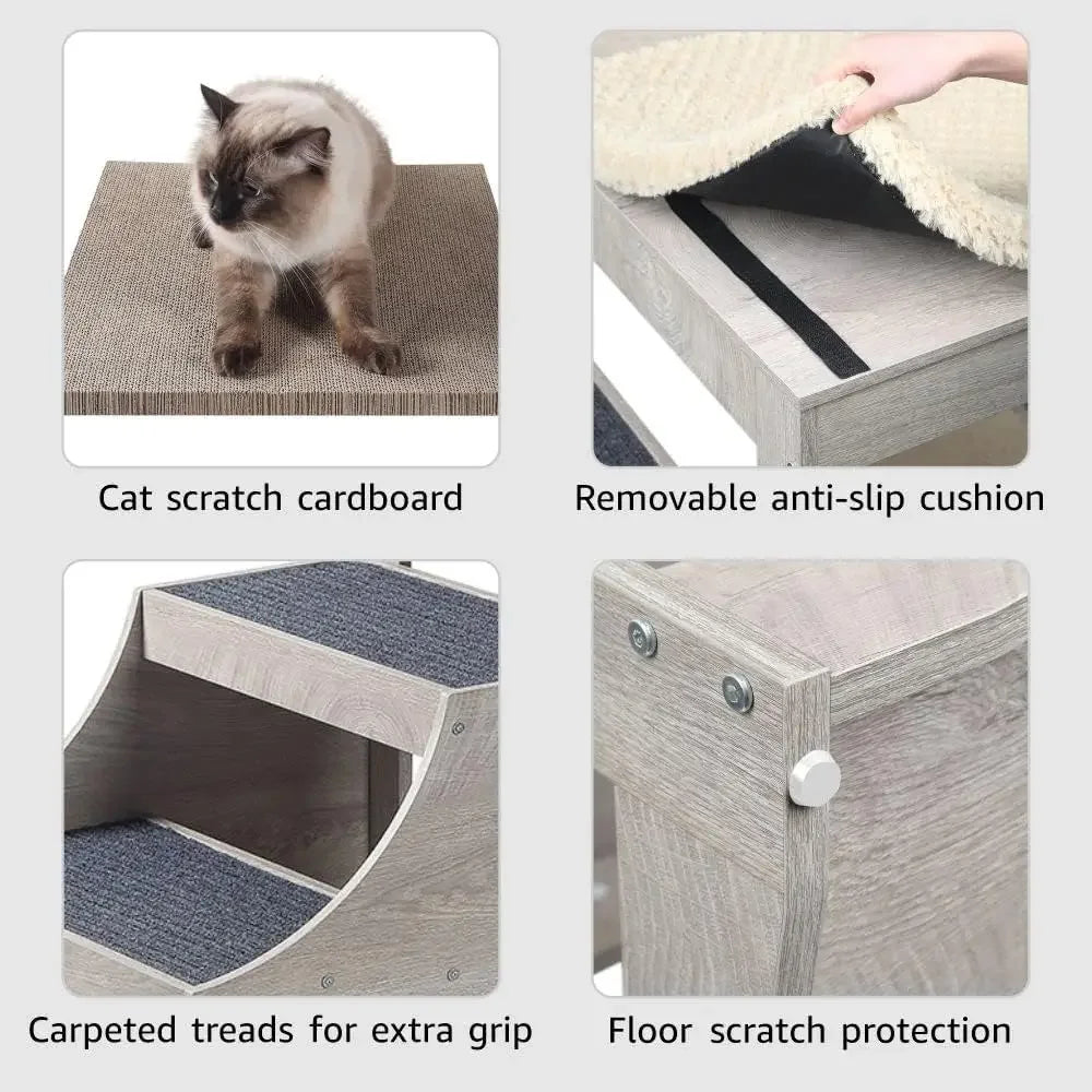 A Pet Bunk Bed with Removable Step for Dogs and Cats, MultiLevel Bed Window Perch Seat Platform with Cushion