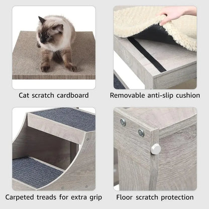 A Pet Bunk Bed with Removable Step for Dogs and Cats, MultiLevel Bed Window Perch Seat Platform with Cushion