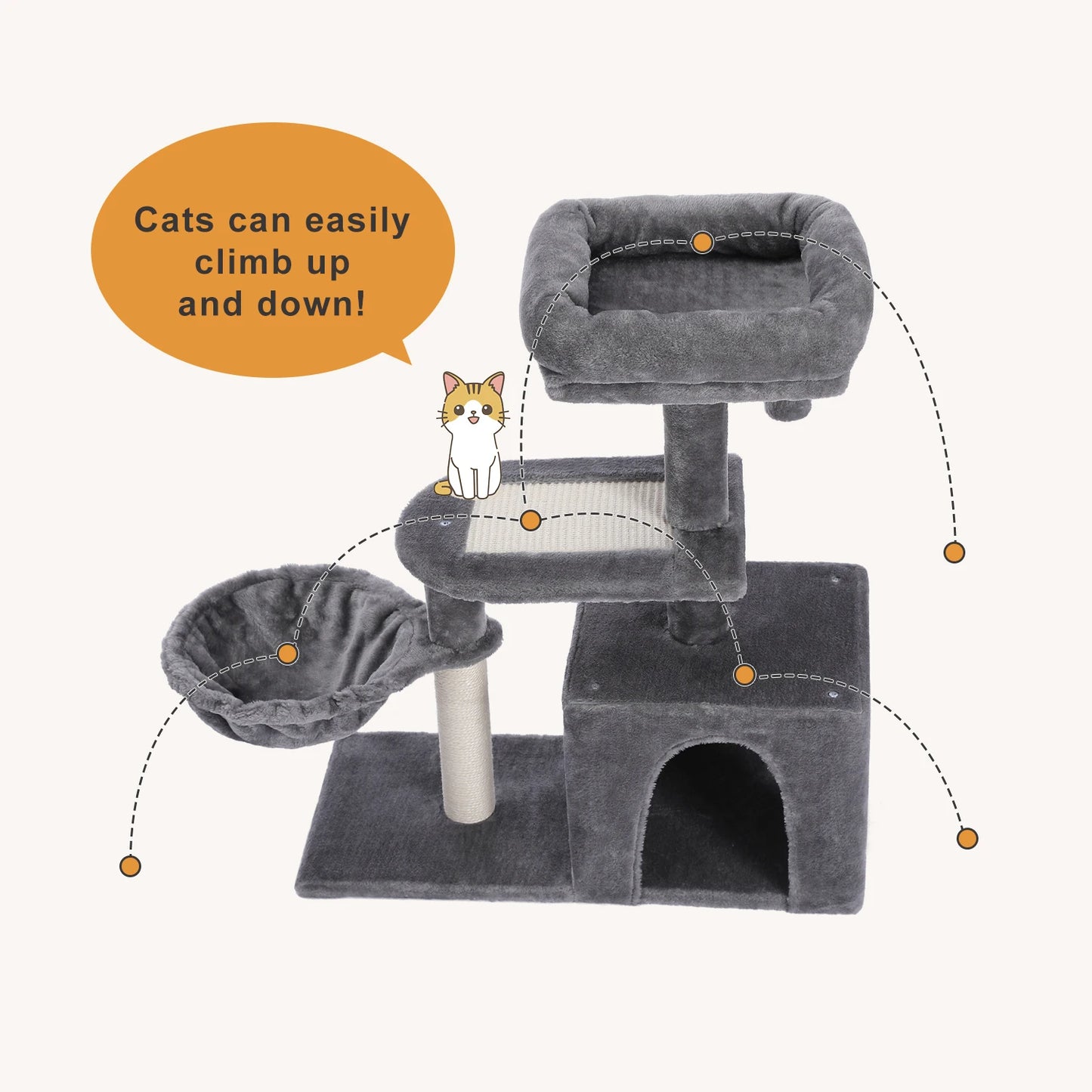 Plush Cat Tower with Large Cat Condo, Deep Hammock and Sisal Cat Scratching Post for Kittens or Small Cat
